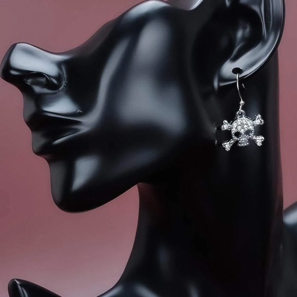Any 4/$25! Silver Crystal Pave Skull & Bones Drop Earrings - Picture 3 of 6